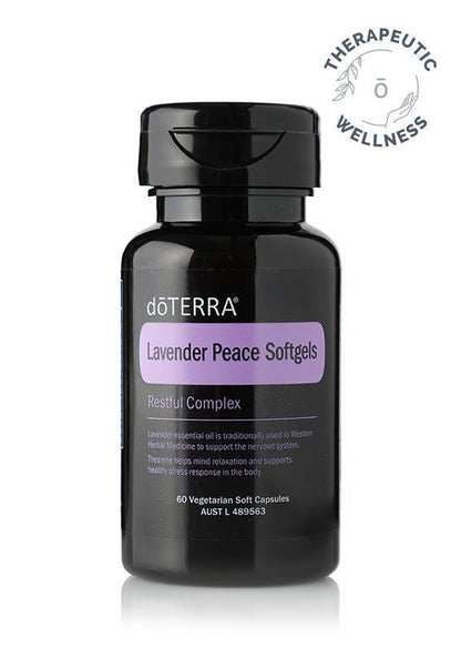 Black doTERRA Lavender Peace Softgels bottle with purple label, herbal sleep remedy for relaxation and stress relief