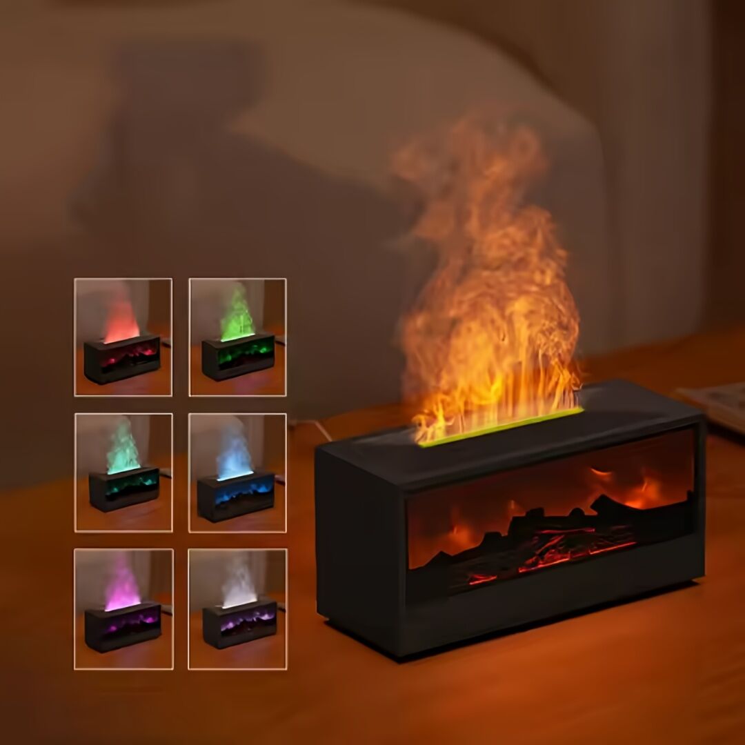Aromatic Essential Oil Fireplace Diffuser Color Flame Diffuser Bonfire Fireplace Humidifier with Remote for Home and Office（black）