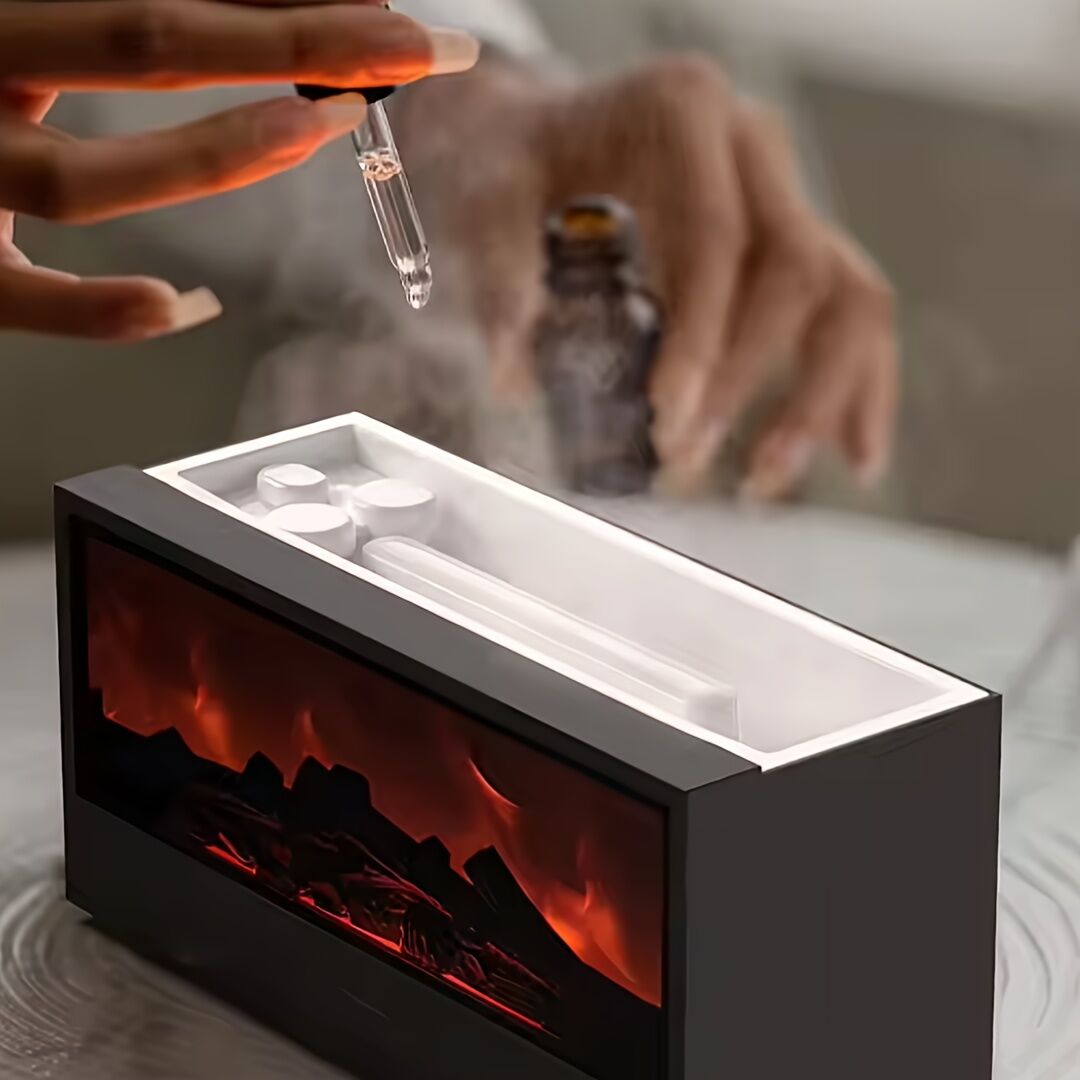 Aromatic Essential Oil Fireplace Diffuser Color Flame Diffuser Bonfire Fireplace Humidifier with Remote for Home and Office（black）