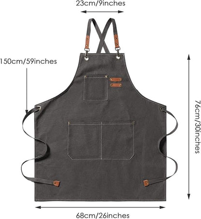 Men's Canvas Apron - Canvas Apron - 3 Pockets - Waterproof - Adjustable - Kitchen Apron for Men and Women - Apron for Barbecue, Restaurant, Garden, Carpenter - Easily Adjustable - Grey - 76 x 68 cm