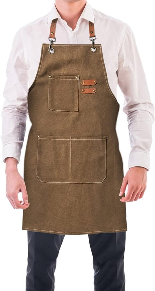 Men's Canvas Apron - Canvas Apron - 3 Pockets - Waterproof - Adjustable - Kitchen Apron for Men and Women - Apron for Barbecue, Restaurant, Garden, Carpenter - Easily Adjustable - Brown - 76 x 68 cm