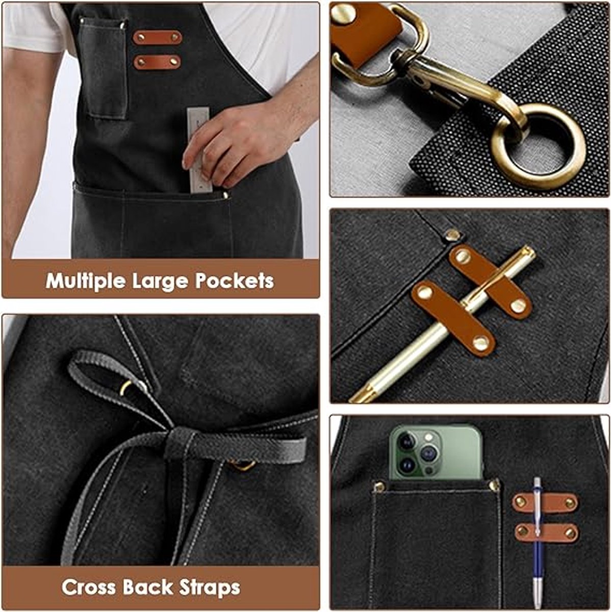 Men's Canvas Apron - Canvas Apron - 3 Pockets - Waterproof - Adjustable - Kitchen Apron for Men and Women - Apron for Barbecue, Restaurant, Garden, Carpenter - Easily Adjustable - Brown - 76 x 68 cm