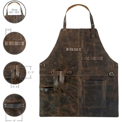 Rustic Apron with Large Pockets and Adjustable Straps, Full Grain Leather, Handmade Leather Apron,Heat & Flame-Resistant Heavy Duty Work Apron Woodworking Shop Apron