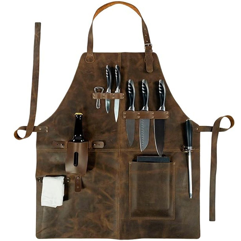 Rustic Apron with Large Pockets and Adjustable Straps, Full Grain Leather, Handmade Leather Apron,Heat & Flame-Resistant Heavy Duty Work Apron Woodworking Shop Apron