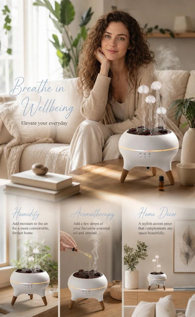 Whisper-Quiet Jellyfish Essential Oil Diffuser, Music Sensing Color Glow, Soothing Night Ambiance