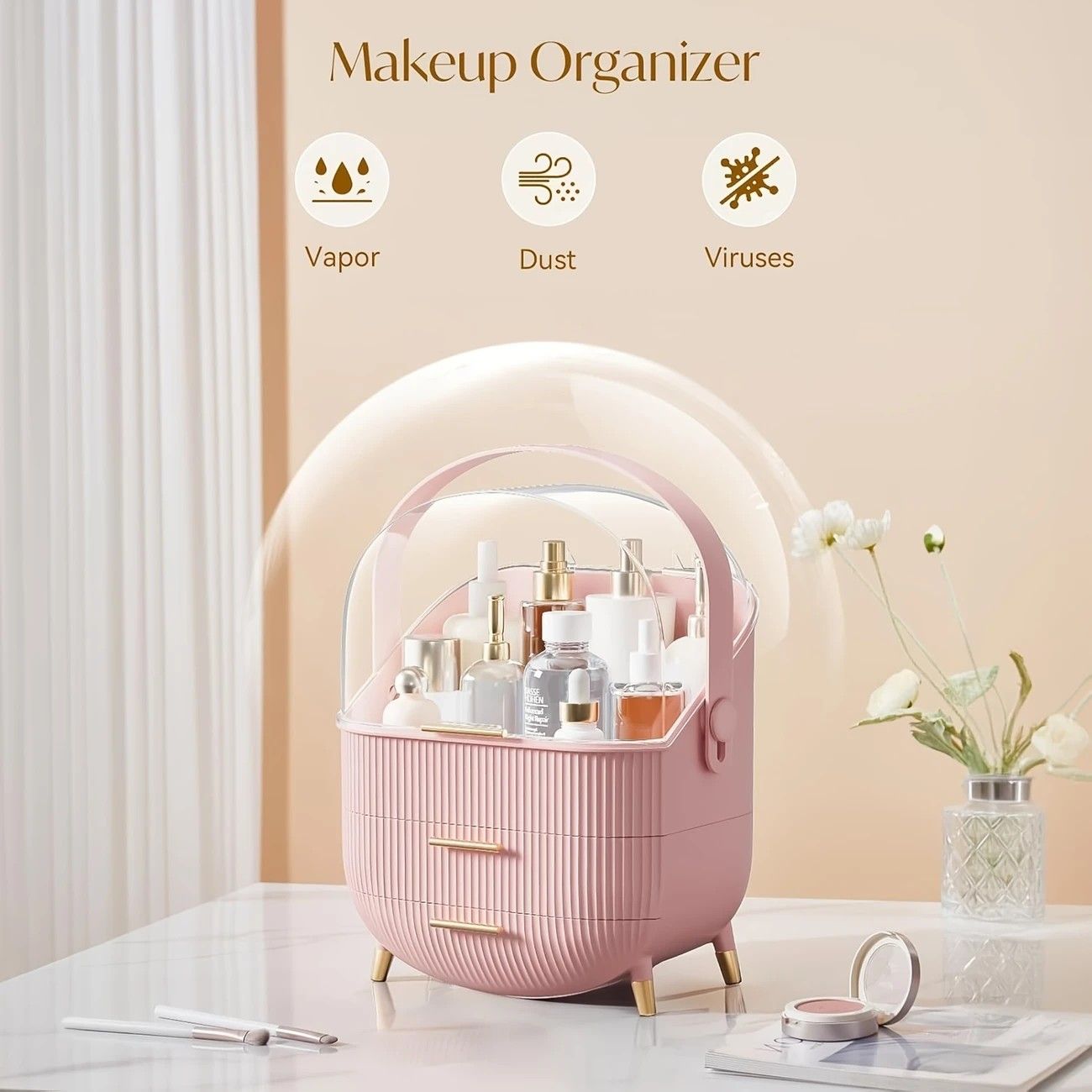 Transparent Flip-top Cosmetic Storage Box: Dustproof, Waterproof, Multi-layer Drawer Organizer, Portable Storage Essential for Desktop and Bathroom.Dark green