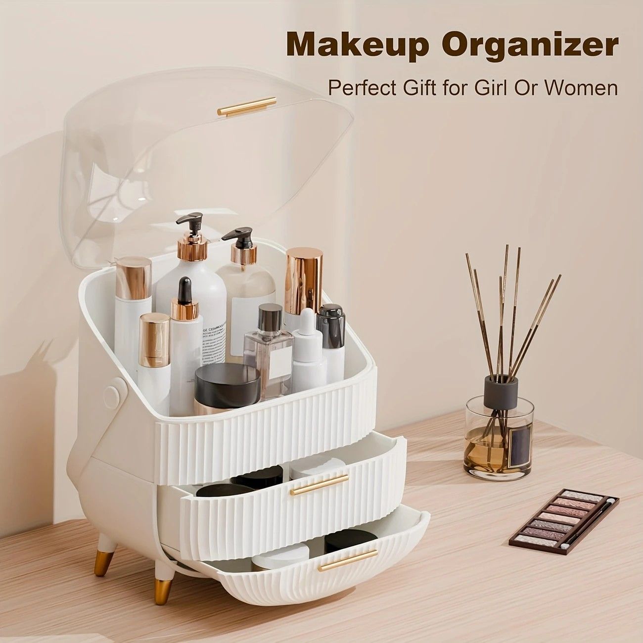 Transparent Flip-top Cosmetic Storage Box: Dustproof, Waterproof, Multi-layer Drawer Organizer, Portable Storage Essential for Desktop and Bathroom.Dark green
