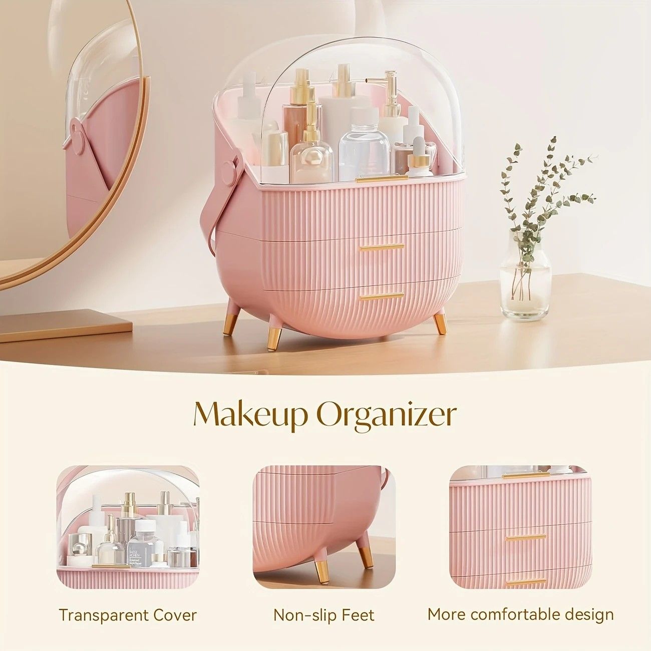 Transparent Flip-top Cosmetic Storage Box: Dustproof, Waterproof, Multi-layer Drawer Organizer, Portable Storage Essential for Desktop and Bathroom.Dark green