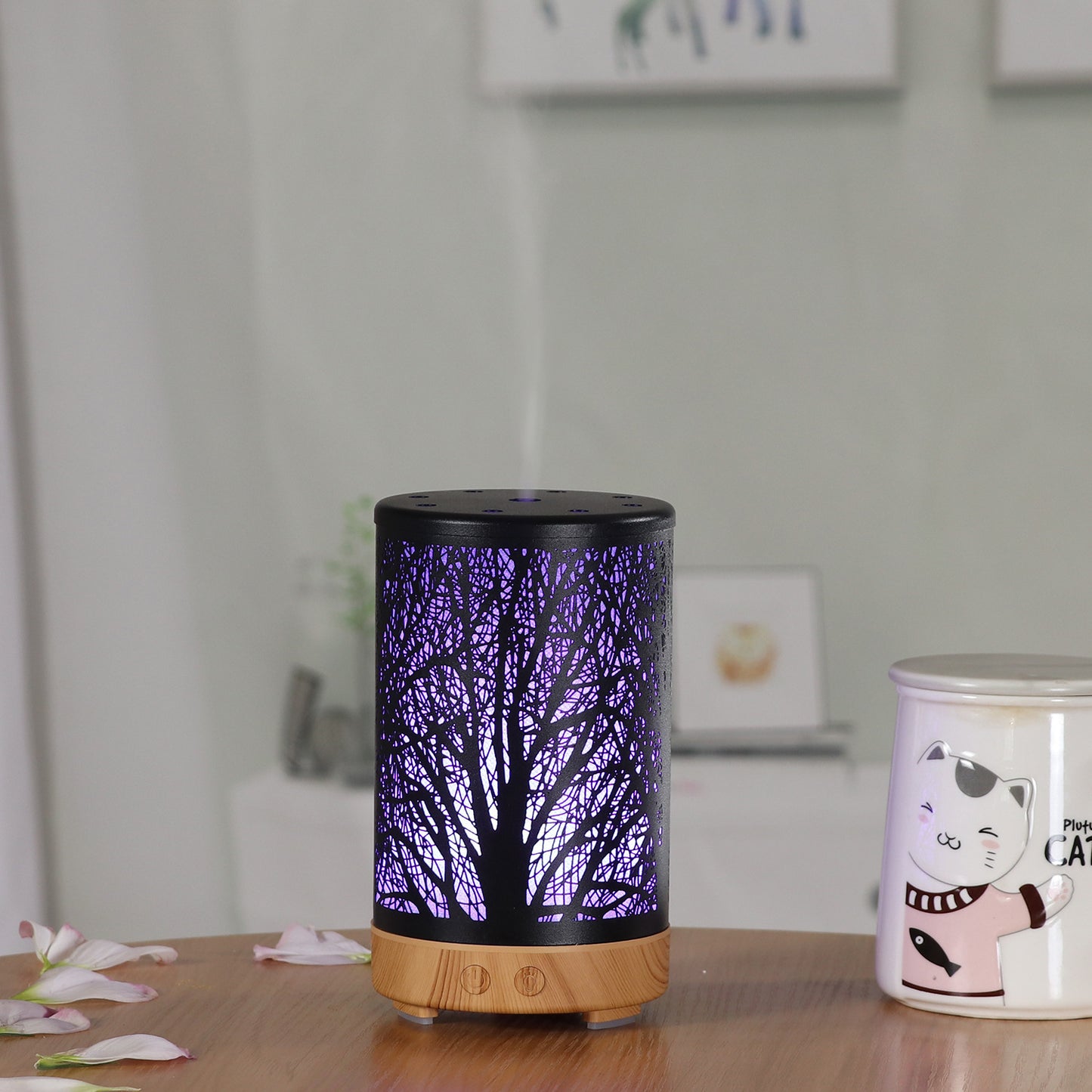 Khaki and Black Forest Design Iron Essential Oil Diffuser - 7 Color LED Ultrasonic Cool Mist Humidifier 100ml