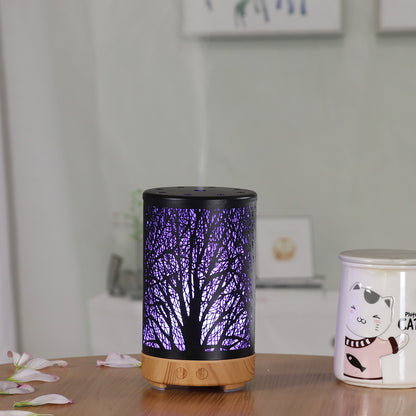 Khaki and Black Forest Design Iron Essential Oil Diffuser - 7 Color LED Ultrasonic Cool Mist Humidifier 100ml