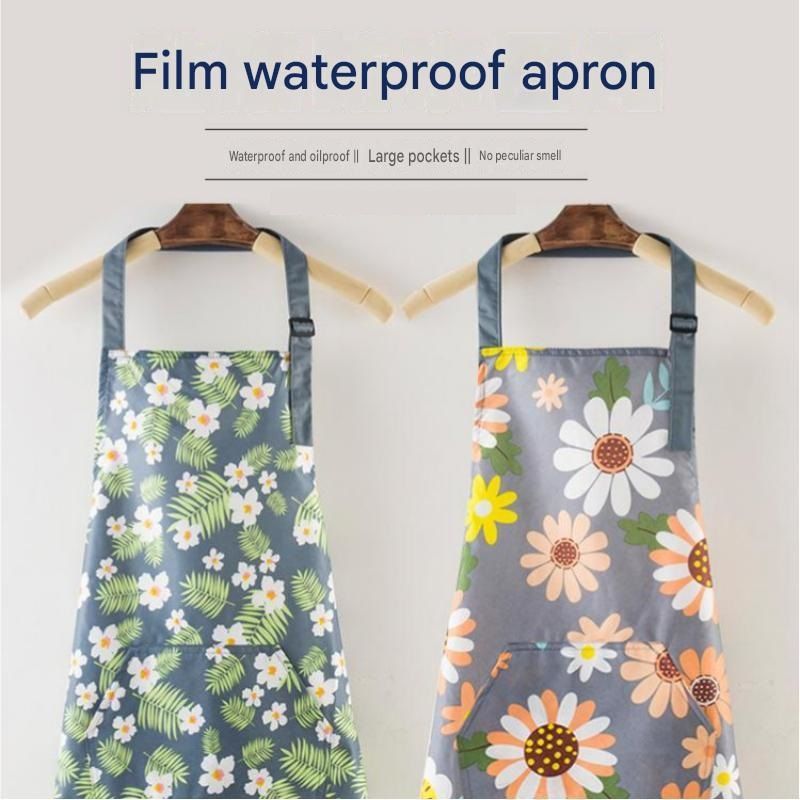 Pink floral pattern Waterproof Kitchen Apron - Oil Resistant Fabric with Adjustable Neck Strap, Large Front Pocket, 70cm Length, for Cooking and Home Cleaning