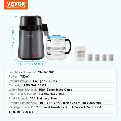 Water Distiller, 4L 1.05 Gallon Pure Water Purifier Filter For Home Countertop, 750W Distilled Water Maker, Stainless Steel Interior Distiller Water Making Machine to Make Clean Water, Gray