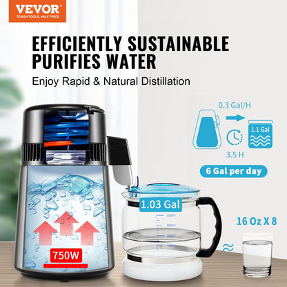 Water Distiller, 4L 1.05 Gallon Pure Water Purifier Filter For Home Countertop, 750W Distilled Water Maker, Stainless Steel Interior Distiller Water Making Machine to Make Clean Water, Silvery