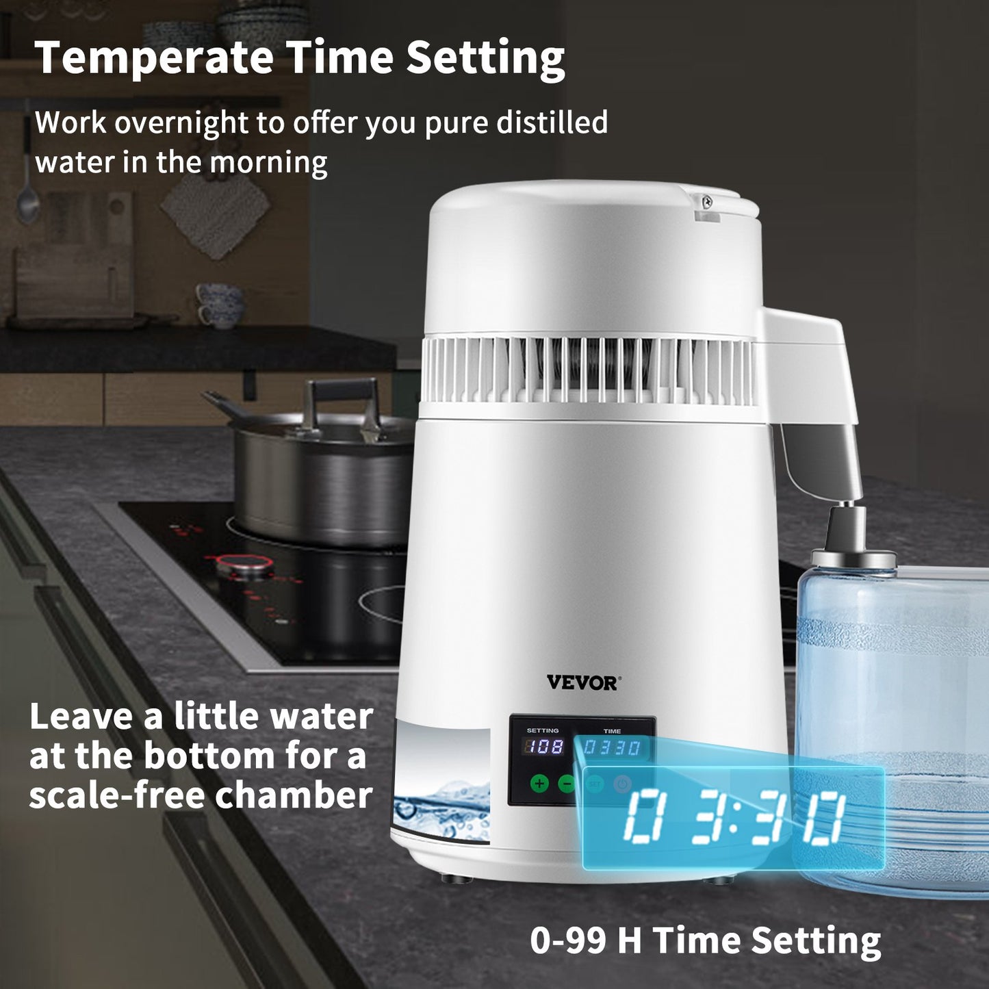 4L Water Distiller 1L/H Distilled Water Maker Timing & Temp Display White