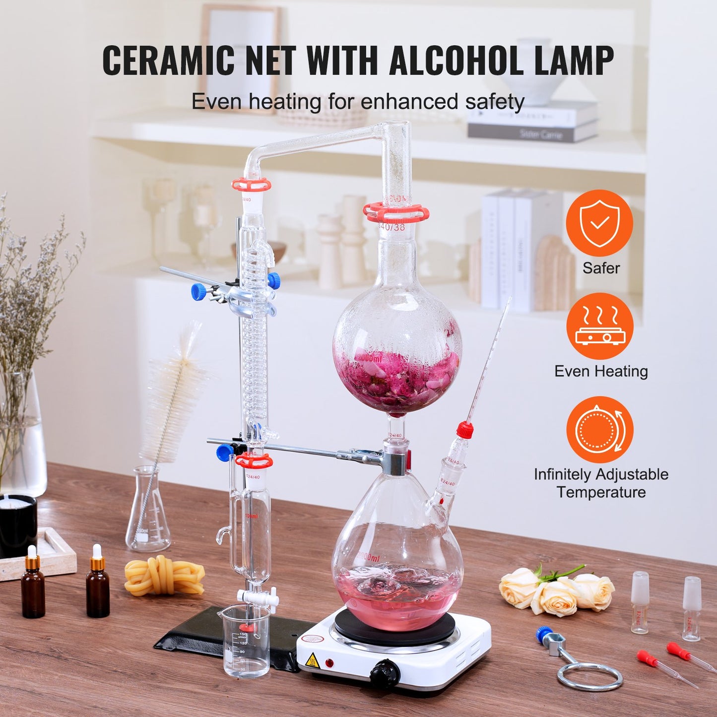 Essential Oil Distillation Kit, 2000ml Distillation Apparatus, 3.3 Boro Lab Glassware Distillation Kit with 1000W Heating Plate and 24, 40 Joint, 28 pcs Set