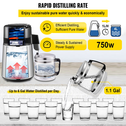 1.1 Gal Water Distiller, 0.3 Gal/H, 750W Distilled Water Maker Machine 0-99H Timing Set Temp Display, 304 Stainless Steel Countertop Distiller Glass Carafe Cleaning Powder 3 Carbon Packs, Silver
