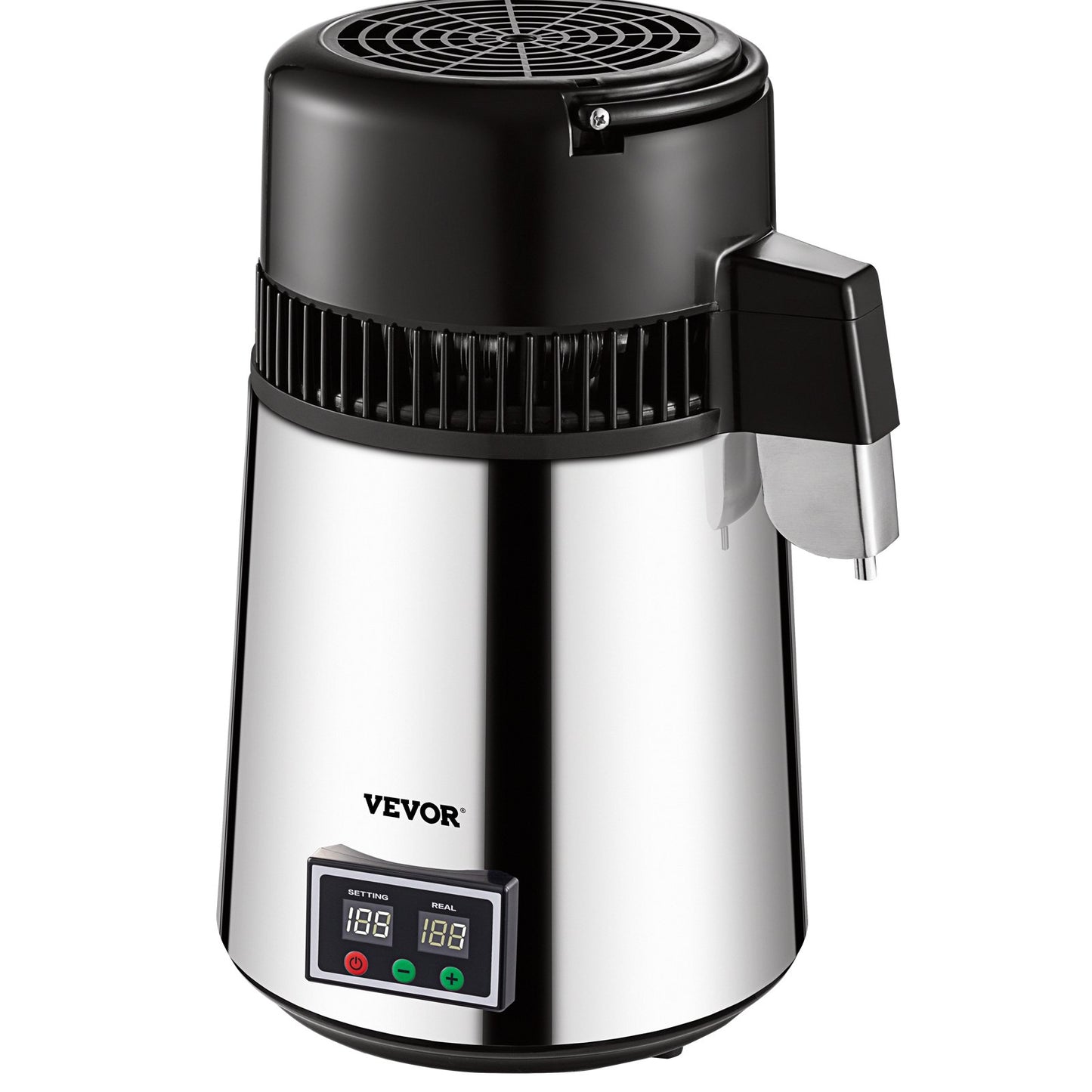 1.1 Gal Water Distiller, 0.3 Gal/H, 750W Distilled Water Maker Machine 0-99H Timing Set Temp Display, 304 Stainless Steel Countertop Distiller Glass Carafe Cleaning Powder 3 Carbon Packs, Silver