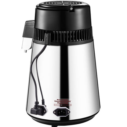 1.1 Gal Water Distiller, 0.3 Gal/H, 750W Distilled Water Maker Machine 0-99H Timing Set Temp Display, 304 Stainless Steel Countertop Distiller Glass Carafe Cleaning Powder 3 Carbon Packs, Silver
