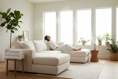 A person relaxing in a clean home with fresh scents in the air